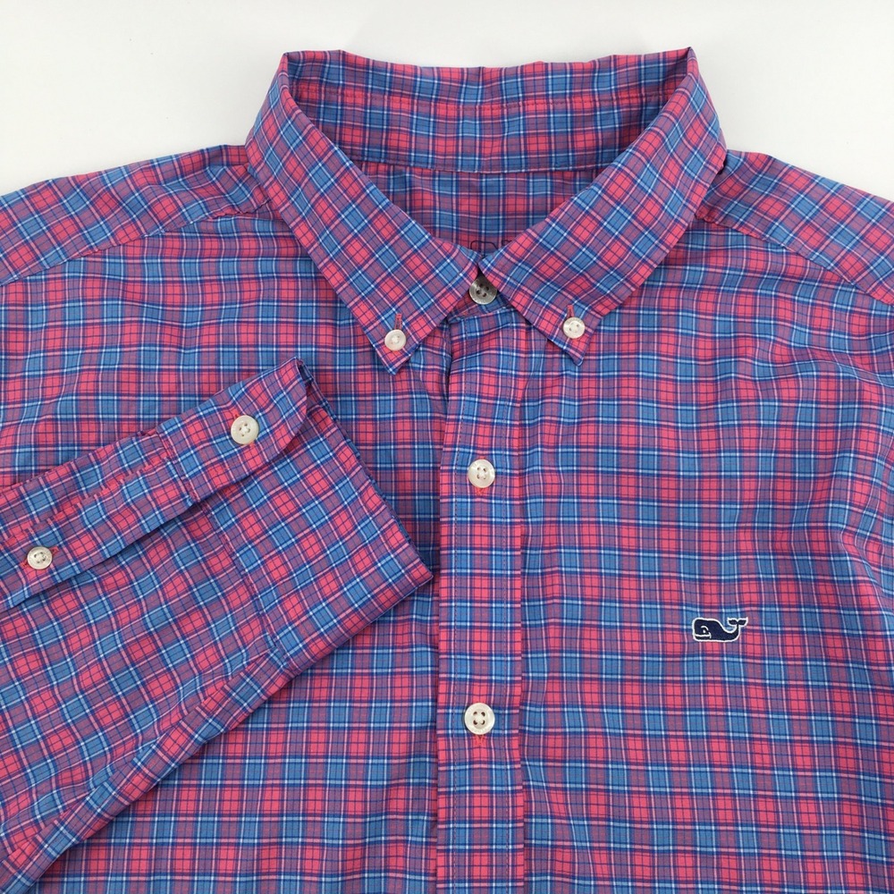 Vineyard Vines Button Down Mens L Pink Blue Plaid On-The-Go Performance Shirt